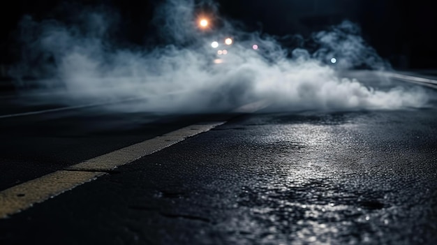 Nebbia su cemento con fumo sfocato in sfondo scuro di Halloween IA generativa