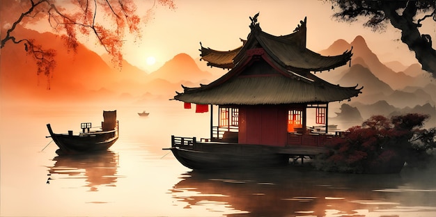 Nebbia sul fiume con case e barche in stile asiatico sullo sfondo delle montagne