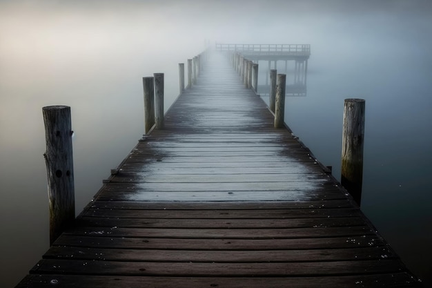 Nebbia sul lago con un molo di legno