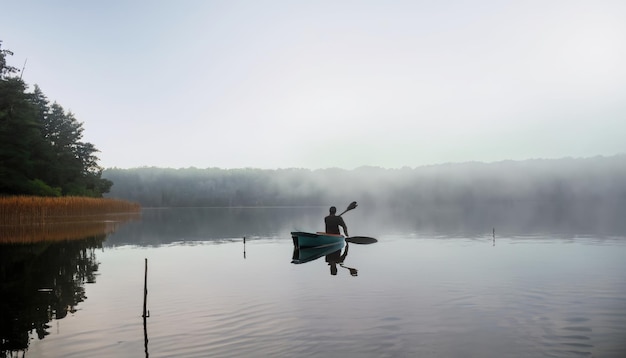 Nebbia sul lago Specchio di riflessione in acque calme Uomo con una pagaia in barca