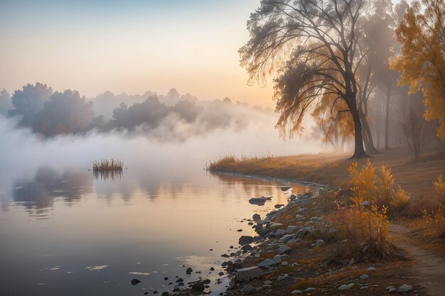 Nebbia sull'acqua su un fiume Dnieper in autunno