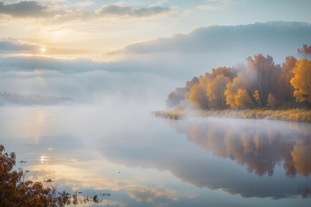 Nebbia sull'acqua su un fiume Dnieper in autunno