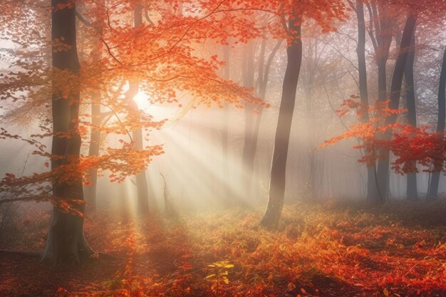 Nebbioso paesaggio forestale nebbioso autunnale con raggi di sole in rami con foglie di colore arancione