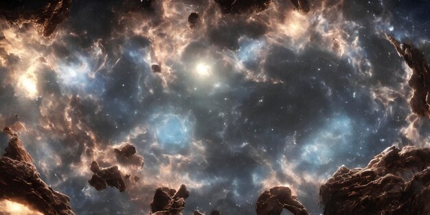 Nebulosa colorata atmosferica e stelle luminose nello spazio profondo.
