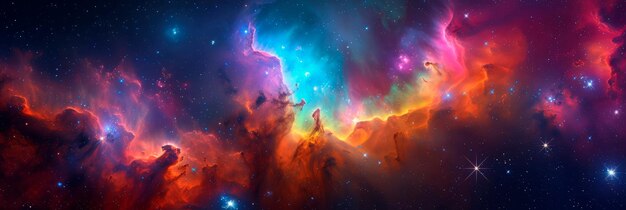 nebulosa di brillanti tonalità iridescenti circondata da stelle scintillanti e nuvole celesti