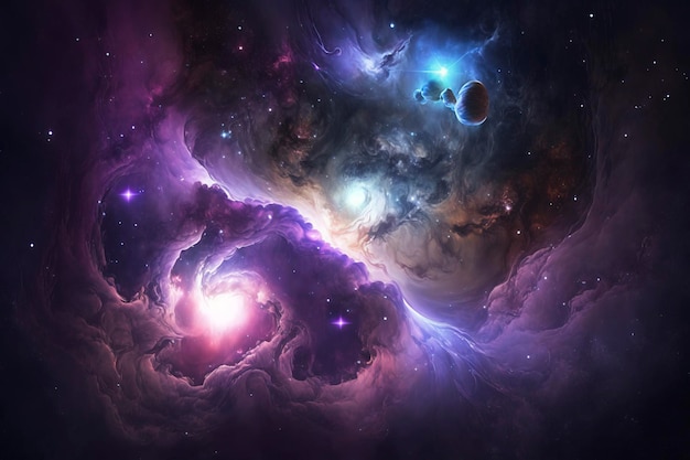 Nebulose colorate blu scuro e viola nell'immagine generata dalla tecnologia AI dello spazio