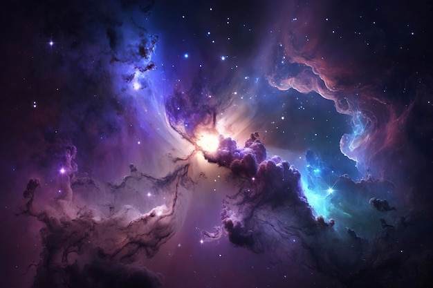 Nebulose colorate blu scuro e viola nell'immagine generata dalla tecnologia AI dello spazio