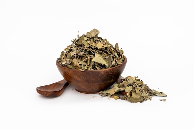 Neem Patti Sukhi Neem Patti Neem secco lascia Azadirachta Indica sfondo bianco Brownn ciotola