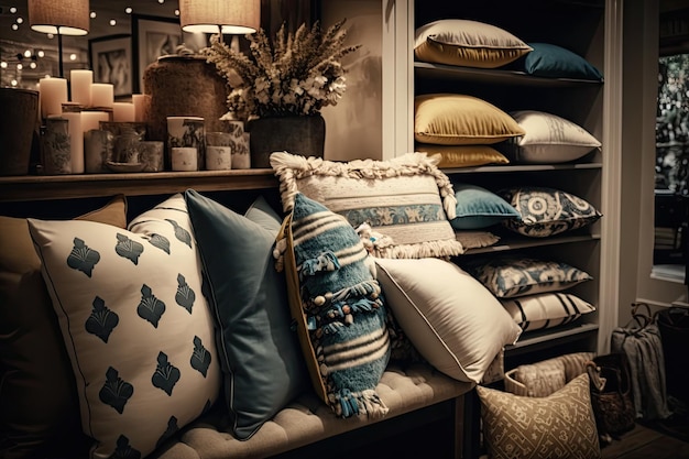 Negozio di decorazioni per la casa con una varietà di cuscini e plaid in esposizione