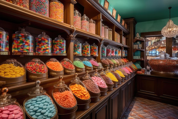 Negozio di dolciumi colorati con una varietà di dolci e confezioni in esposizione