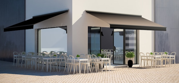 Negozio di facciata Cafe con terrazza vista mockup