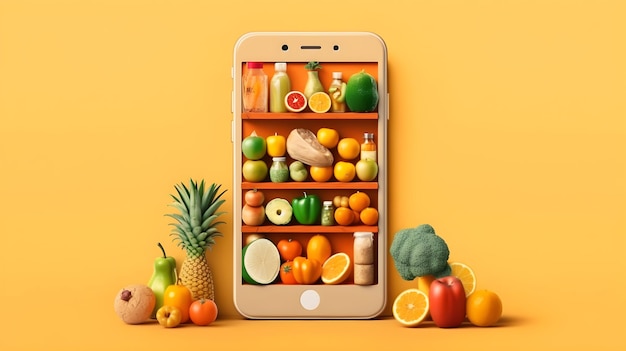 Negozio di frutta online sul cellulare con sfondo giallo