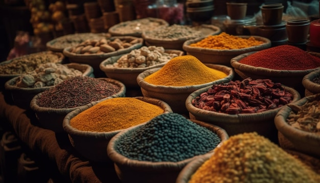 Negozio di spezie multicolore che vende una varietà di condimenti generati dall'intelligenza artificiale