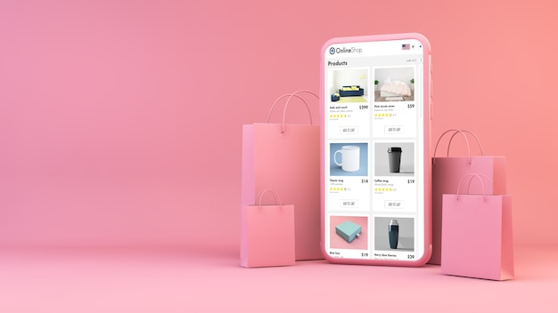 Negozio online su cellulare con borse della spesa