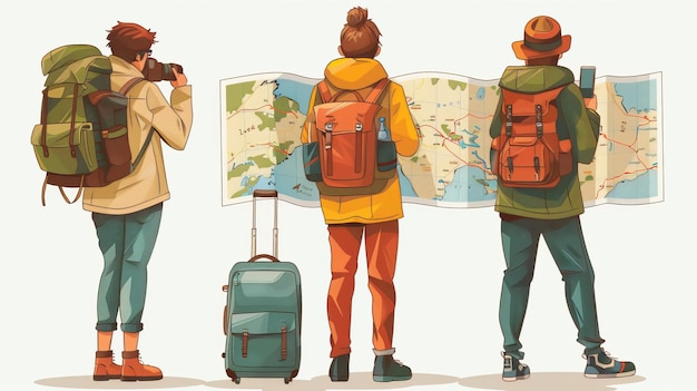 Nei viaggi le persone portano valigie mappe e macchine fotografiche concetto per i viaggi turistici e il viaggio Illustrazione moderna di turisti con bagagli una macchina fotografica zaino smartphone e binocoli