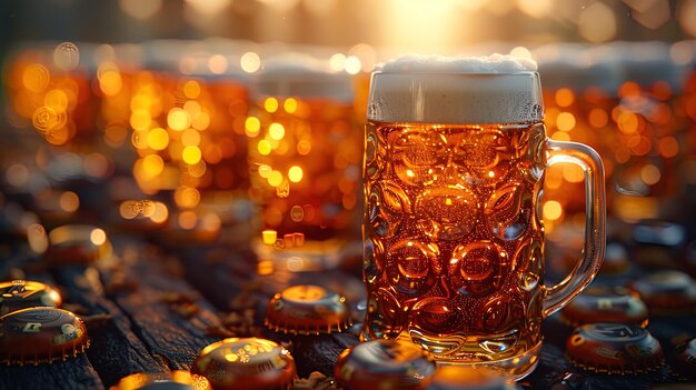Nel bagliore del successo, i bicchieri di birra vengono alzati all'unisono in onore del risultato della squadra sportiva.