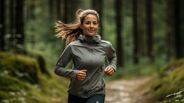 Nel bosco una donna in tuta va a correre.