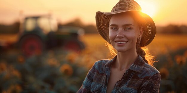 Nel campo un contadino donna felice che gestisce un trattore in blur Generative Ai