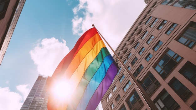 Nel centro della città, alzando lo sguardo al cielo, bandiera LGBT, una bandiera color arcobaleno Weber di immagini AI generative