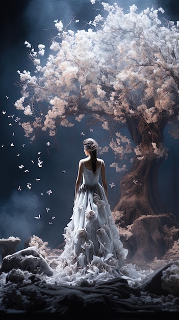 Nel chiaro di luna mistico di una foresta serena una bella signora in abito bianco accanto agli alberi bianchi