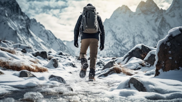 Nel cuore di un'avventura invernale, le gambe di un appassionato di escursioni conquistano terreni accidentati, esemplificando l'emozione dell'esplorazione in tempo freddo.