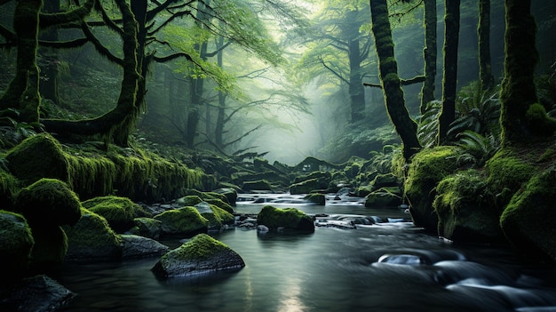 Nel cuore di un paese delle meraviglie di muschio una foresta emerge velata nella nebbia il terreno è un tappeto lussureggiante di