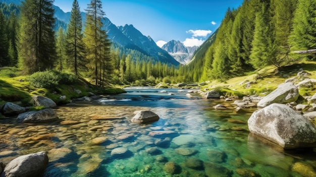 Nel cuore di una valle lussureggiante e vibrante un fiume cristallino serpeggia con curve aggraziate che luccicano sotto la dolce luce del sole Le sue acque Generato dall'IA