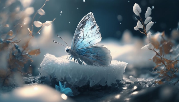 Nel ghiaccio e nella neve cade una farfalla di ghiaccio azzurra