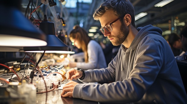 Nel laboratorio scientifico una professoressa universitaria e gli studenti utilizzano i portatili.