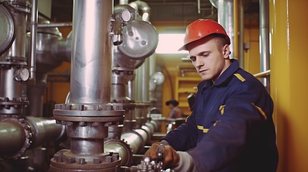 Nel locale caldaia un operaio in uniforme e casco sta lavorando con le condutture dell'acqua utilizzando l'IA generativa