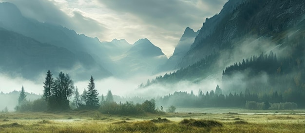 Nel paesaggio affascinante una foto accattivante rivela un prato avvolto da una serena nebbia