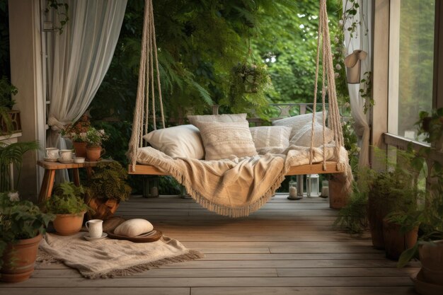 Nel patio c'è un'altalena di corda beige con sopra un cuscino. In giardino