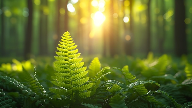 Nel profondo della foresta al mattino lussureggianti foglie di felci verdi selvatiche e splendide con AI generativa vuota