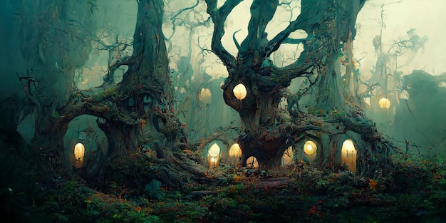 Nel profondo di una foresta lontana, nascosta e misteriosa si trova un'incantevole casa dell'albero delle fate all'interno di una vecchia quercia