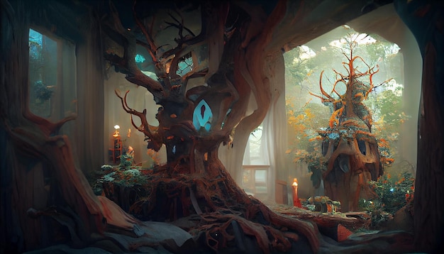 Nel profondo di una foresta lontana, nascosta e misteriosa si trova un'incantevole casa dell'albero delle fate all'interno di una vecchia quercia