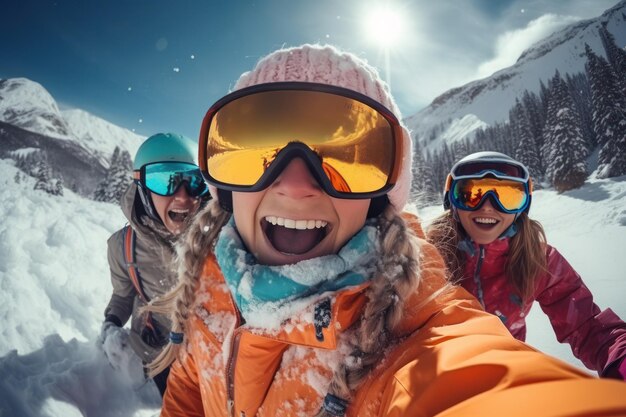 Nel tempo innevato della stagione sciistica invernale gli snowboarder sono felici per i selfie invernali