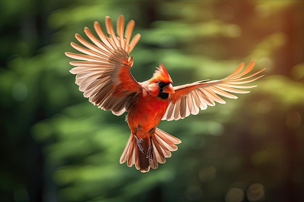 Nel volo, il cardinale maschio del nord vola attraverso la foresta estiva con piume vibranti e colpiscienti