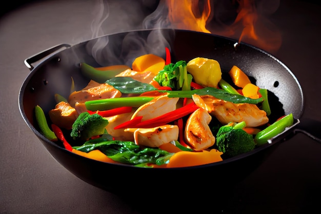 Nel wok soffriggere le verdure con il filetto di pollo