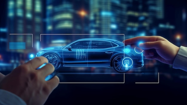 Nell'automobile sono presenti icone dell'Internet delle cose con intelligenza artificiale generativa e uno smartphone palmare