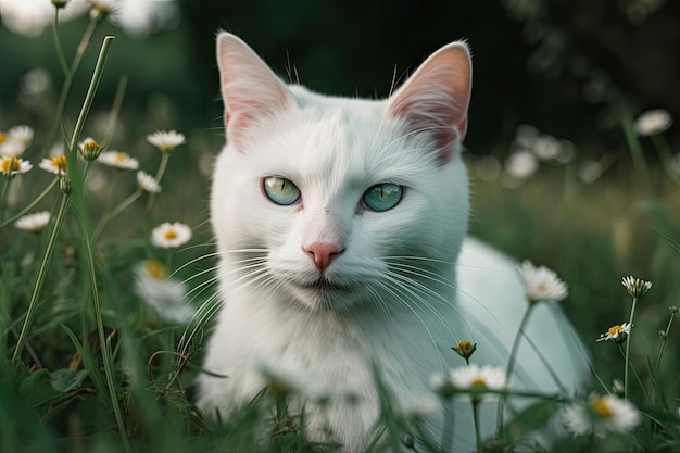 Nell'erba un gatto bianco si volta verso la telecamera