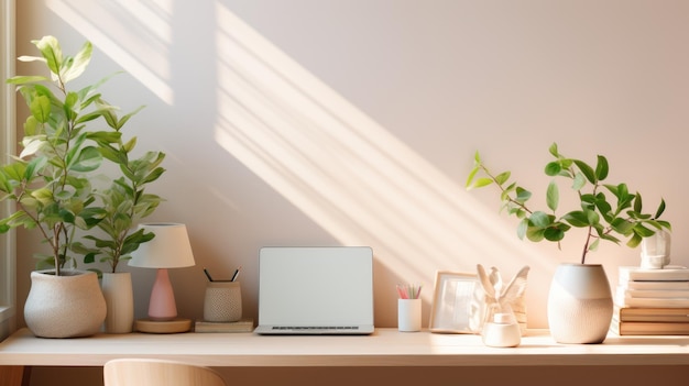 Nell'home office minimalista troverai una scrivania bianca, una pianta verde e abbondante luce naturale