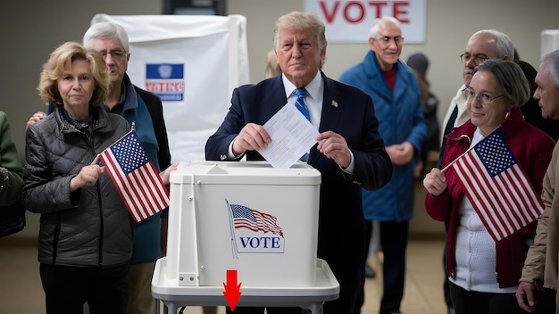 Nell'immagine c'è un uomo che tiene una scheda elettorale accanto a una macchina elettorale ci sono diverse altre persone