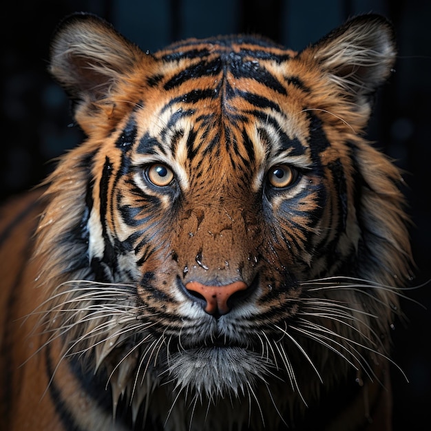 Nell'oscurità viene mostrata da vicino la faccia di una tigre IA generativa