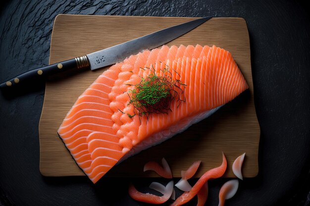 Nella cucina giapponese il salmone viene tagliato a pezzi freschi e crudi per il sashimi