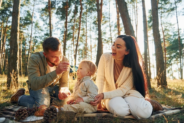 Nella foresta Famiglia felice di padre madre e figlia piccola