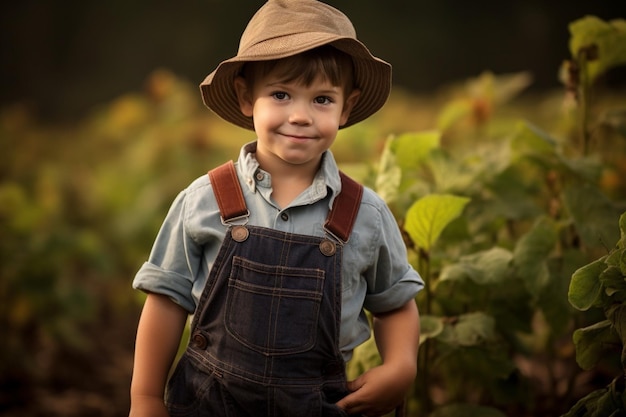 Nella foto c'è un bambino felice con un simpatico costume da contadino