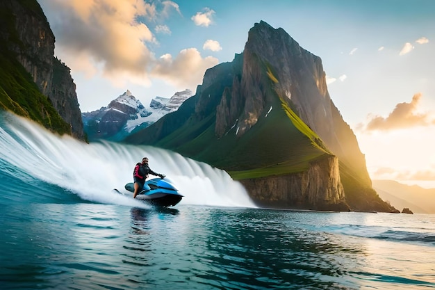 Nella foto un uomo sta cavalcando un'onda su una moto d'acqua di fronte a una montagna