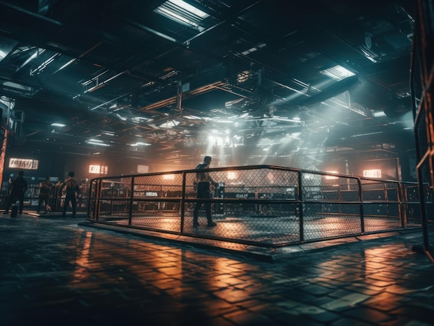 Nella gabbia di combattimento vista interna dell'arena sportiva creata con la tecnologia Generative AI