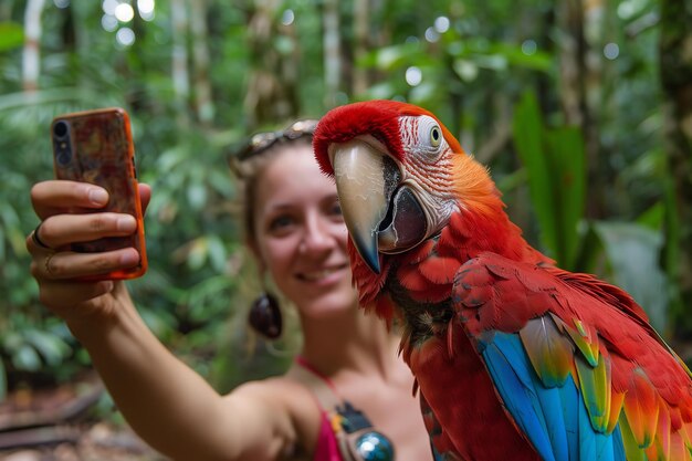 Nella giungla del delta dell'Orinoco del Venezuela una donna si fa una foto con un pappagallo