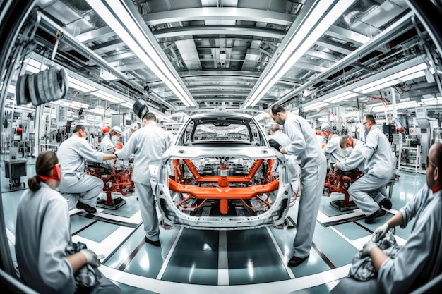 Nella moderna e tecnologicamente avanzata fabbrica automobilistica operai qualificati in uniformi bianche incontaminate assemblano auto concetto di processi di produzione all'avanguardia